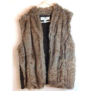 Sebby Faux Fur Sweater Vest Womens Large Brown Cable Knit Open Front Boho Chic